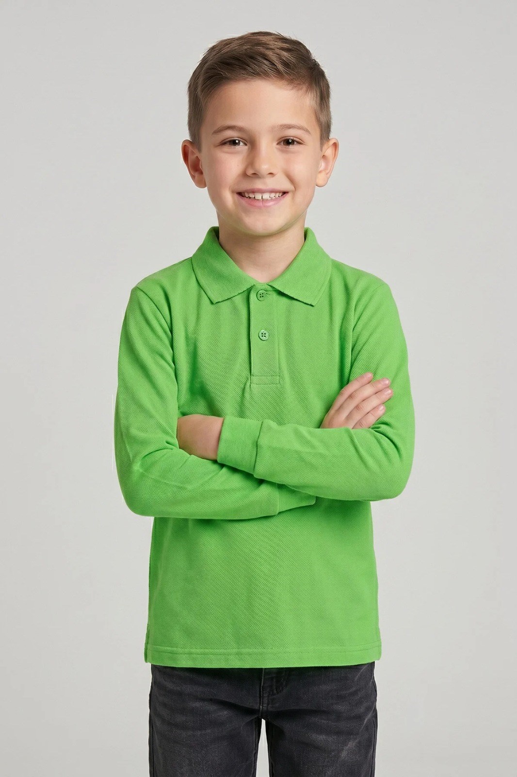 Unisex Çocuk Fıstık Yeşili Lakost Polo Yaka Uzun Kollu Okul Tişörtü