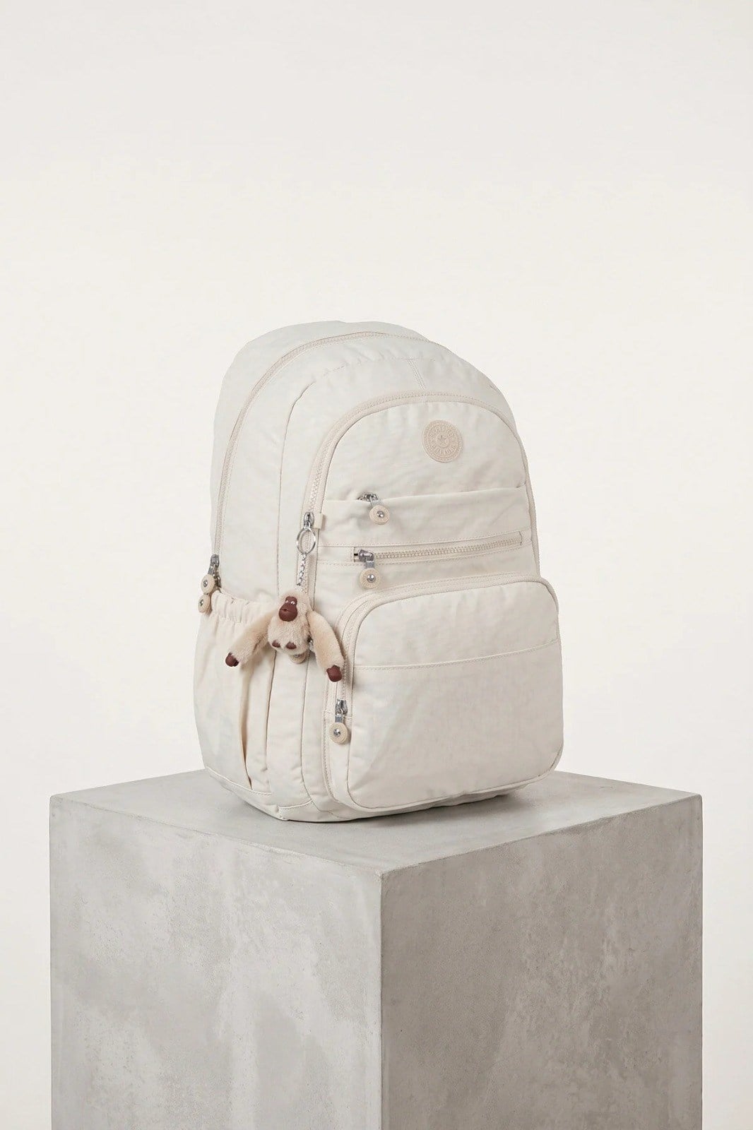Unisex Genç Bej Okul Çantası Maymun Anahtarlıklı Çok Bölmeli Krinkıl Günlük Sırt Çantası