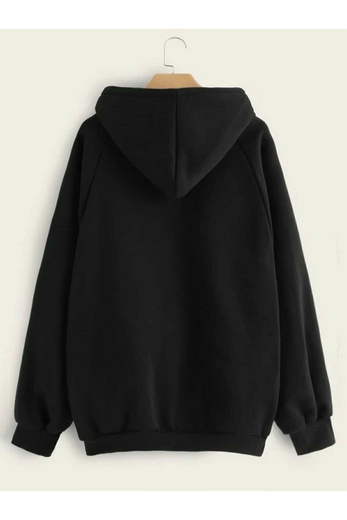 UNISEX KAPÜŞONLU CEPLİ SİYAH BASİC SWEATSHIRT