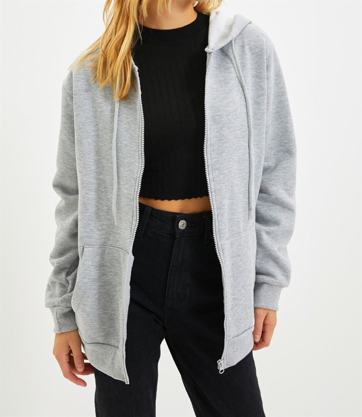 UNISEX KAPÜŞONLU FERMUARLI CEPLİ GRİ BASİC SWEATSHIRT HIRKA