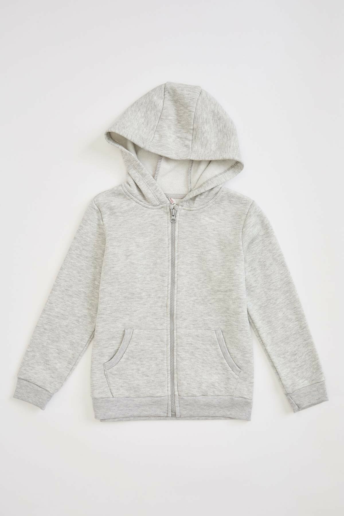 UNISEX KAPÜŞONLU FERMUARLI İKİ İPLİK GRİ SWEATSHIRT HIRKA