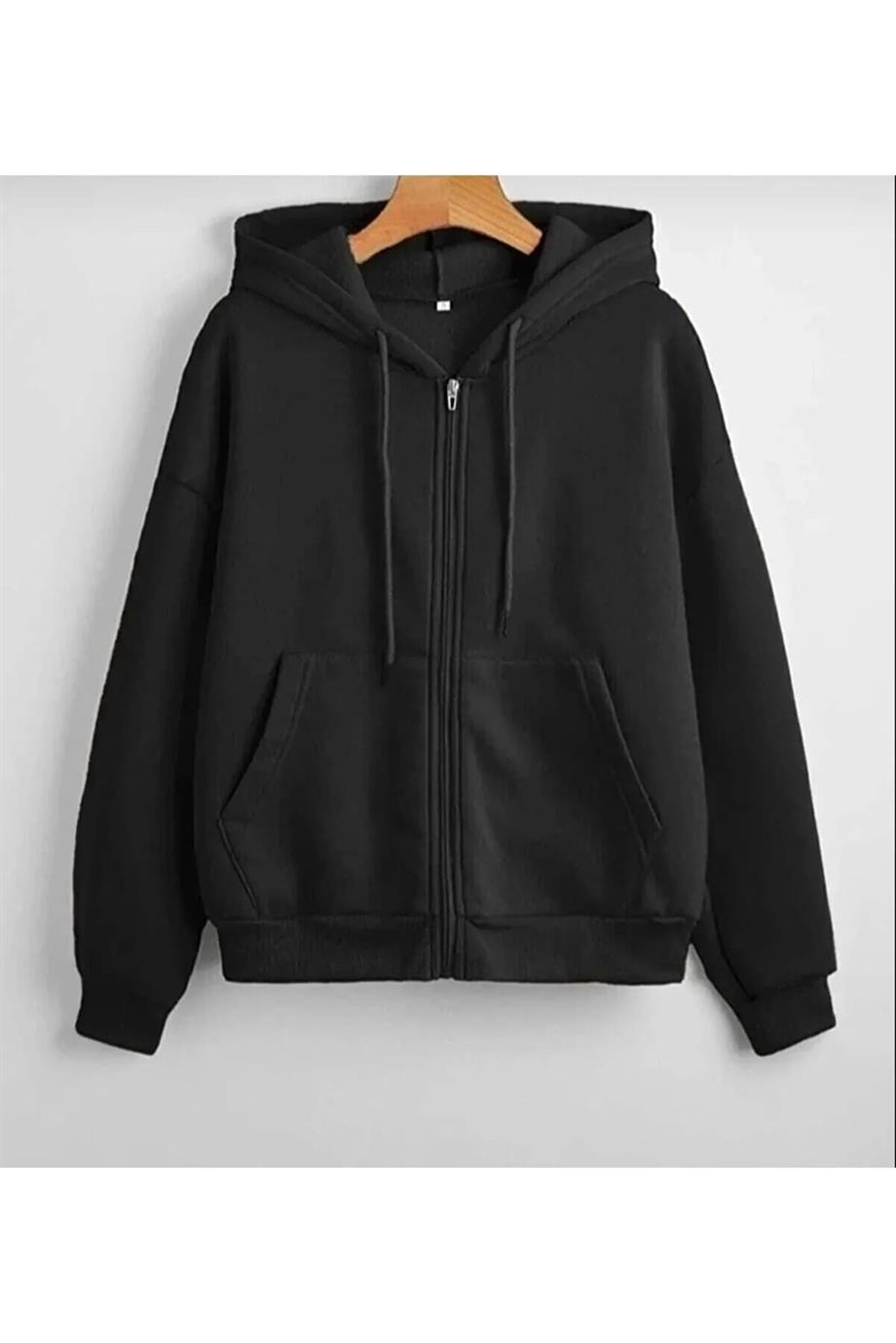 Unisex Kapüşonlu Önü Fermuarlı Cepli Ince Penye Basic Sweatshırt Hırka