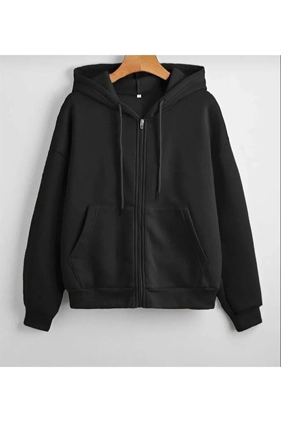 Unisex Kapüşonlu Önü Fermuarlı Cepli Ince Penye Basic Sweatshırt Hırka