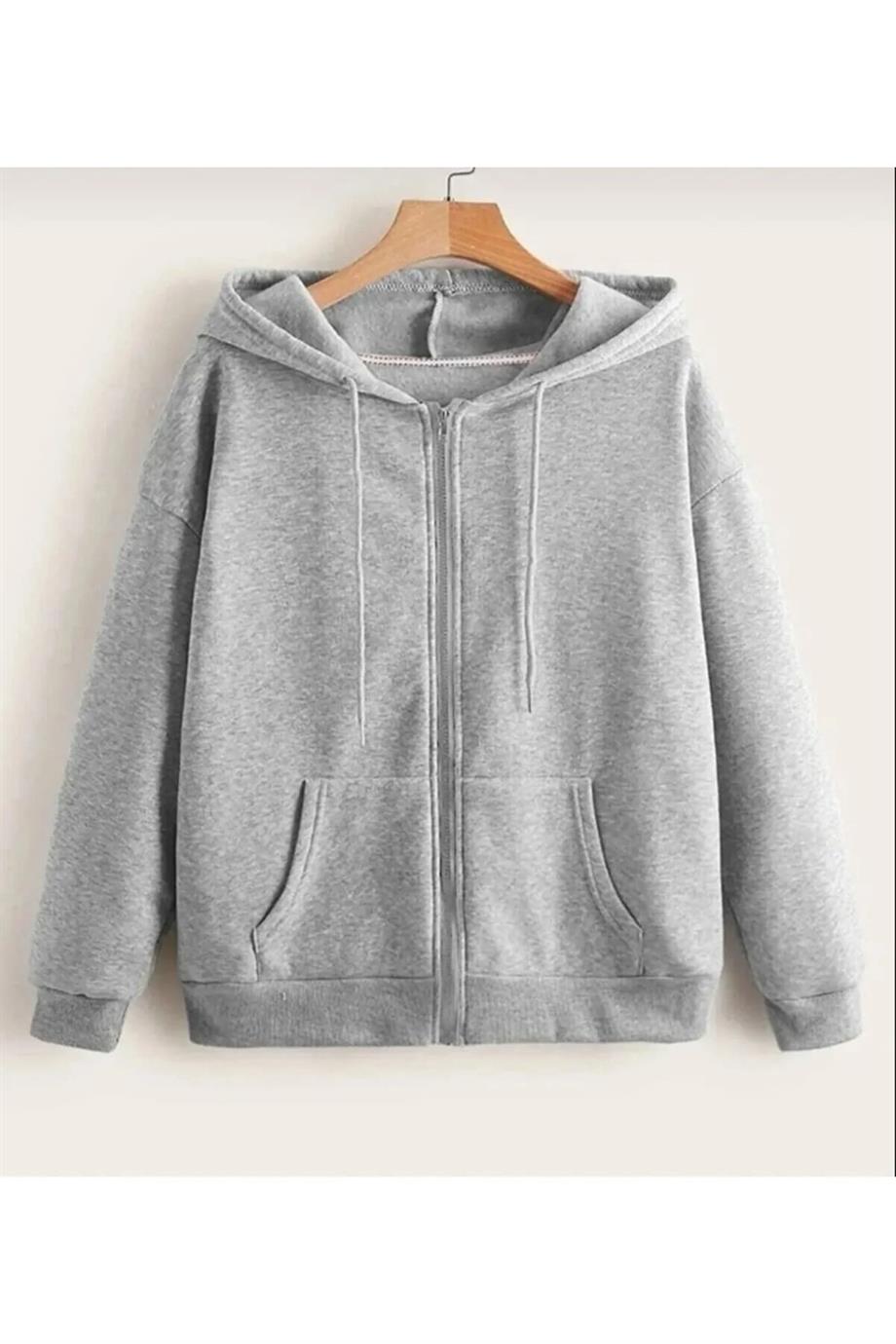 Unisex Kapüşonlu Önü Fermuarlı Cepli Ince Penye Basic Sweatshırt Hırka