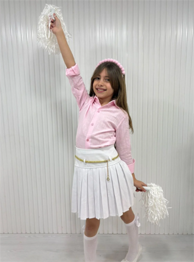 Kız Çocuk Pembe Gömlek & BeyazPileli Etek Takım – Özel Gün / Okul 23 Nisan