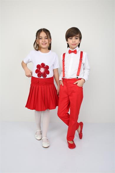 23 Nisan Kız Çocuk Çiçekli Kırmızı T-shirt Kırmızı Pileli Etek Kombin Erkek Çocuk Gömlek Pantolon Takım Gösteri Kıyafetleri