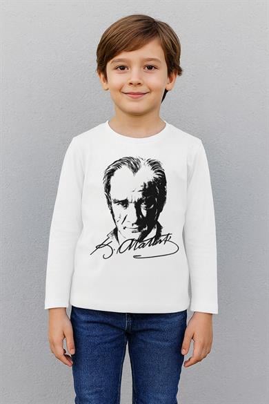 Çocuk Beyaz Uzun Kollu Atatürk Baskılı Tişört - 100% Pamuk