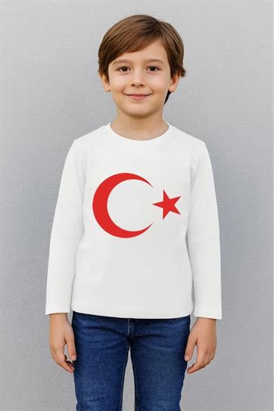 Çocuk Beyaz Uzun Kollu Ay Yıldız Baskılı Tişört - 100% Pamuk
