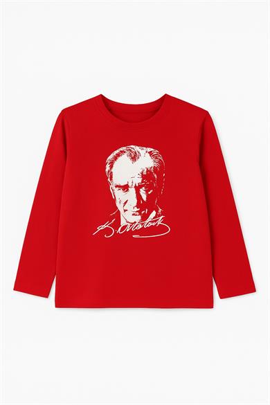 Çocuk Kırmızı Uzun Kollu Atatürk Baskılı Tişört - 100% Pamuk
