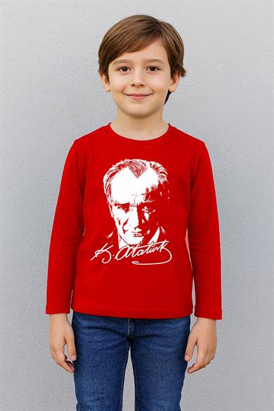 Çocuk Kırmızı Uzun Kollu Atatürk Baskılı Tişört - 100% Pamuk
