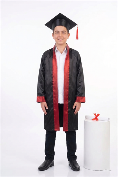 Çocuk Ortaokul Kırmızı Şeritli Siyah Mezuniyet Cübbesi ve Kep Takımı