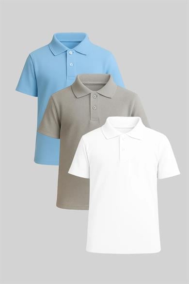 Çocuk Polo Yaka Kısa Kollu Tişört 3lü Set  Mavi Gri Beyaz