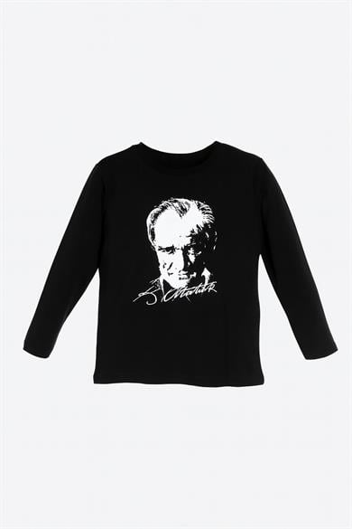 Çocuk Siyah Uzun Kollu Atatürk Baskılı Tişört - 100% Pamuk
