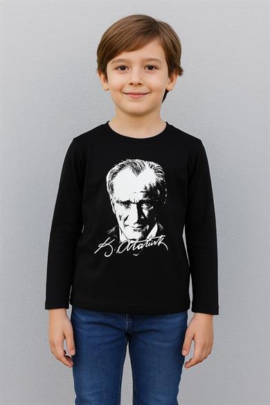 Çocuk Siyah Uzun Kollu Atatürk Baskılı Tişört - 100% Pamuk