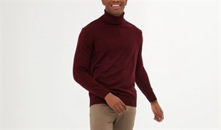 ERKEK BALIKÇI BOĞAZLI RAHAT KALIP İNCE YÜN TRİKO BORDO KAZAK