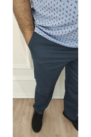 Erkek Büyük Beden Klasik Rahat Kalıp Lacivert Keten Pantolon