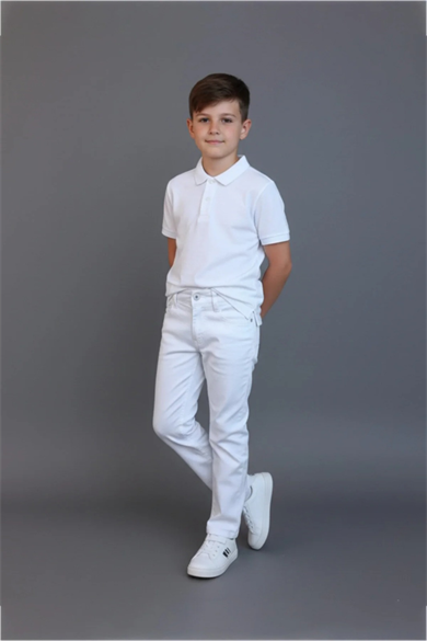 Erkek Çocuk Beli İçten Ayarlamalı Beyaz Keten Pantolon 23 Nisan 29 Ekim 10 Kasım Gösteri Kıyafeti