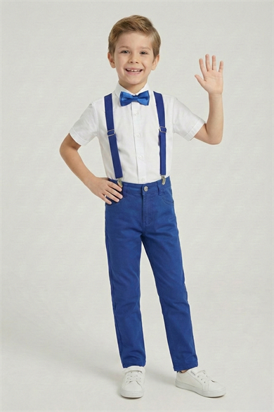 Erkek Çocuk Beyaz Kısa Kollu Gömlek Saks Pantolon Saks Askı Papyon Takım 23 Nisan 29 Ekim