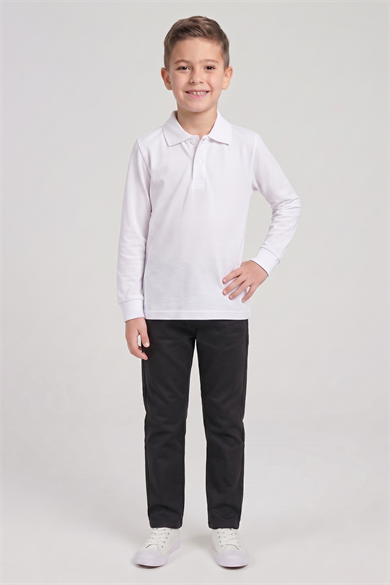 Erkek Çocuk Beyaz Uzun Kol Polo Yaka Tişört Siyah Ribana Bel Kanvas Okul Pantolonu Alt Üst Takım Okul Kıyafeti