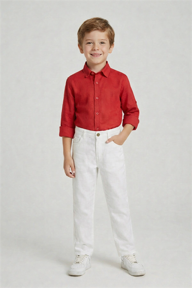 Erkek Çocuk Kırmızı Uzun Kol Gömlek Beyaz Pantolon 23 Nisan 29 Ekim Gösteri Kıyafeti
