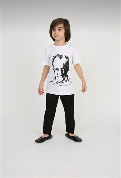 Erkek Çocuk Kısa Kol Atatürk Baskılı Tişört Keten Pantolon Takım Okul Gösteri 23 Nisan 29 Ekim 