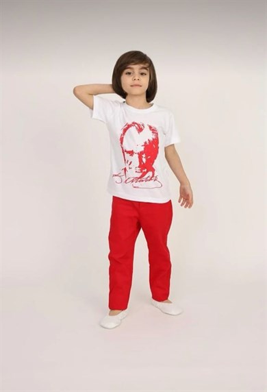 Erkek Çocuk Kısa Kol Atatürk Baskılı Tişört Keten Pantolon Takım Okul Gösteri 23 Nisan 29 Ekim 