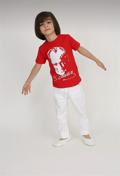 Erkek Çocuk Kısa Kol Atatürk Baskılı Tişört Keten Pantolon Takım Okul Gösteri 23 Nisan 29 Ekim 