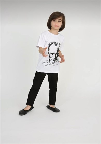 Erkek Çocuk Kısa Kol Atatürk Baskılı Tişört Keten Pantolon Takım Okul Gösteri 23 Nisan 29 Ekim 