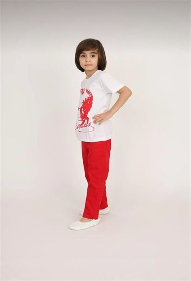 Erkek Çocuk Kısa Kol Atatürk Baskılı Tişört Keten Pantolon Takım Okul Gösteri 23 Nisan 29 Ekim 