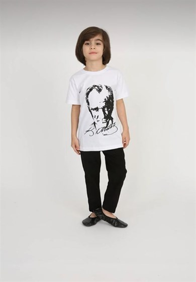 Erkek Çocuk Kısa Kol Atatürk Baskılı Tişört Keten Pantolon Takım Okul Gösteri 23 Nisan 29 Ekim 