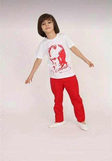 Erkek Çocuk Kısa Kol Atatürk Baskılı Tişört Keten Pantolon Takım Okul Gösteri 23 Nisan 29 Ekim 