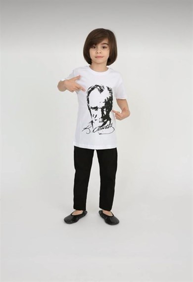 Erkek Çocuk Kısa Kol Atatürk Baskılı Tişört Keten Pantolon Takım Okul Gösteri 23 Nisan 29 Ekim 