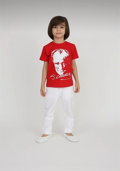 Erkek Çocuk Kısa Kol Atatürk Baskılı Tişört Keten Pantolon Takım Okul Gösteri 23 Nisan 29 Ekim 