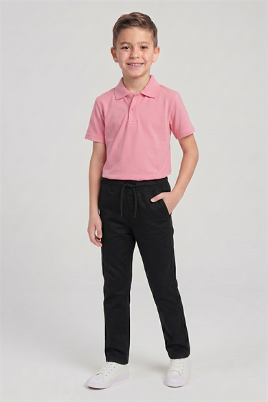 Erkek Çocuk Pembe Kısa Kol Polo Yaka Tişört Siyah Ribana Bel Kanvas Okul Pantolonu Alt Üst Takım Okul Kıyafeti