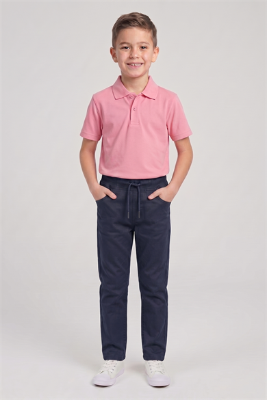 Erkek Çocuk Pembe Kısa Kol Polo Yaka Tişört Lacivert Ribana Bel Kanvas Okul Pantolonu Alt Üst Takım Okul Kıyafeti