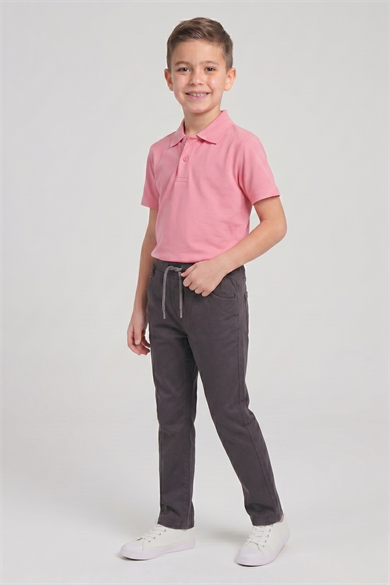 Erkek Çocuk Pembe Kısa Kol Polo Yaka Tişört Füme Ribana Bel Kanvas Okul Pantolonu Alt Üst Takım Okul Kıyafeti