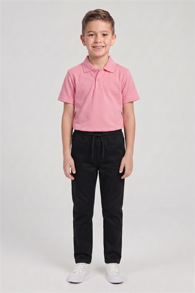 Erkek Çocuk Pembe Kısa Kol Polo Yaka Tişört Siyah Ribana Bel Kanvas Okul Pantolonu Alt Üst Takım Okul Kıyafeti