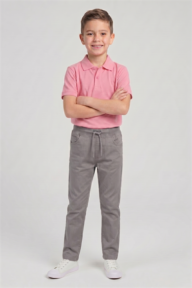 Erkek Çocuk Pembe Kısa Kol Polo Yaka Tişört Gri Ribana Bel Kanvas Okul Pantolonu Alt Üst Takım Okul Kıyafeti