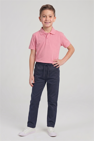 Erkek Çocuk Pembe Kısa Kol Polo Yaka Tişört Lacivert Ribana Bel Kanvas Okul Pantolonu Alt Üst Takım Okul Kıyafeti
