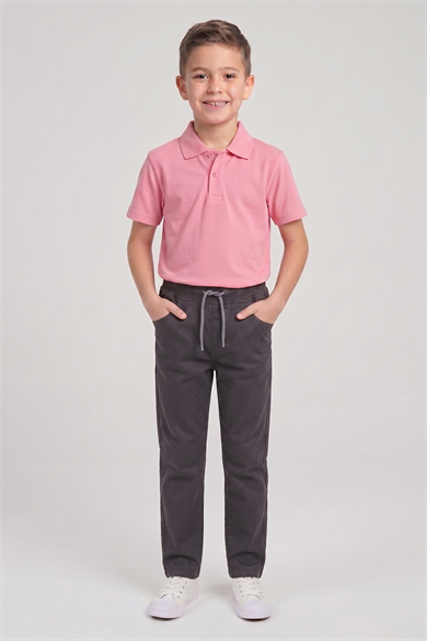 Erkek Çocuk Pembe Kısa Kol Polo Yaka Tişört Füme Ribana Bel Kanvas Okul Pantolonu Alt Üst Takım Okul Kıyafeti