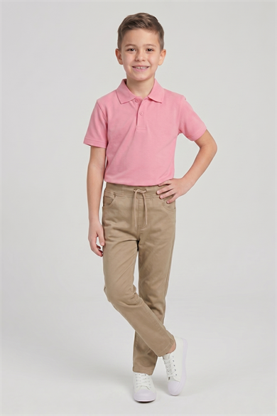 Erkek Çocuk Pembe Kısa Kol Polo Yaka Tişört Bej Ribana Bel Kanvas Okul Pantolonu Alt Üst Takım Okul Kıyafeti