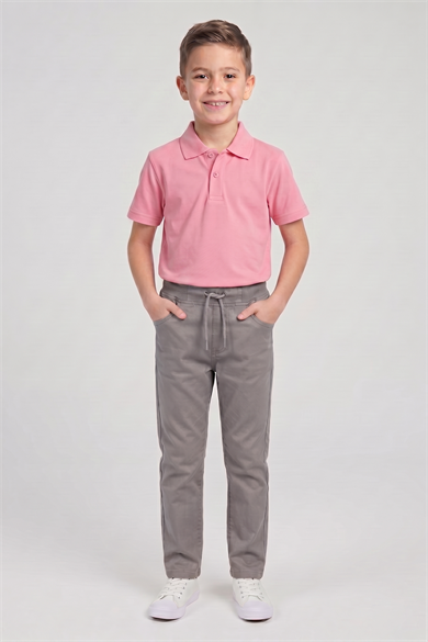 Erkek Çocuk Pembe Kısa Kol Polo Yaka Tişört Gri Ribana Bel Kanvas Okul Pantolonu Alt Üst Takım Okul Kıyafeti