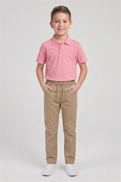 Erkek Çocuk Pembe Kısa Kol Polo Yaka Tişört Bej Ribana Bel Kanvas Okul Pantolonu Alt Üst Takım Okul Kıyafeti