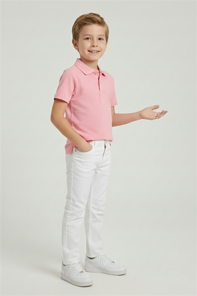 Erkek Çocuk Pembe Polo Yaka Tişört ve Beyaz Pantolon Takım 23 Nisan 29 Ekim Gösteri Kıyafeti