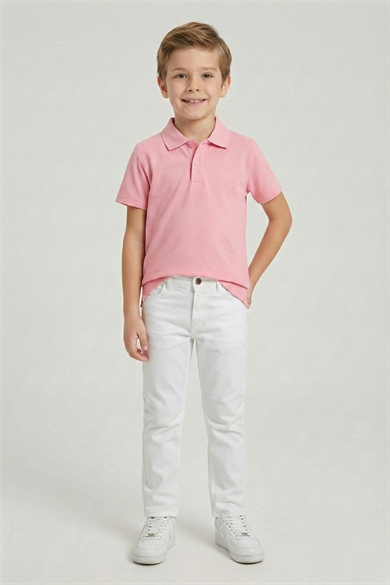Erkek Çocuk Pembe Polo Yaka Tişört ve Beyaz Pantolon Takım 23 Nisan 29 Ekim Gösteri Kıyafeti