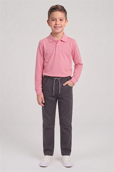 Erkek Çocuk Pembe Uzun Kol Polo Yaka Tişört Füme Ribana Bel Kanvas Okul Pantolonu Alt Üst Takım Okul Kıyafeti