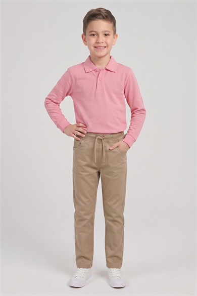 Erkek Çocuk Pembe Uzun Kol Polo Yaka Tişört Bej Ribana Bel Kanvas Okul Pantolonu Alt Üst Takım Okul Kıyafeti