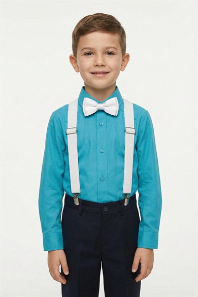 Erkek Çocuk Turkuaz Uzun Kol Gömlek Beyaz Askı Papyon Set 23 Nisan 29 Ekim Gösteri Kıyafeti