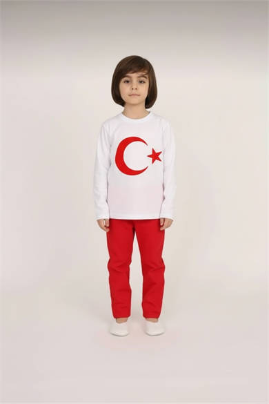 Erkek Çocuk Uzun Kol Ay Yıldız Baskılı Tişört Keten Pantolon Takım Okul Gösteri 23 Nisan 29 Ekim 
