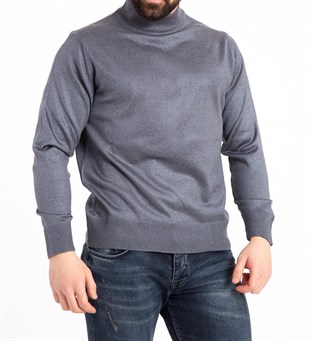 Erkek İNDİGO Ince Yün Triko Örgü Baba Yarım Balıkçı Yaka Boğazlı Kazak Bluz